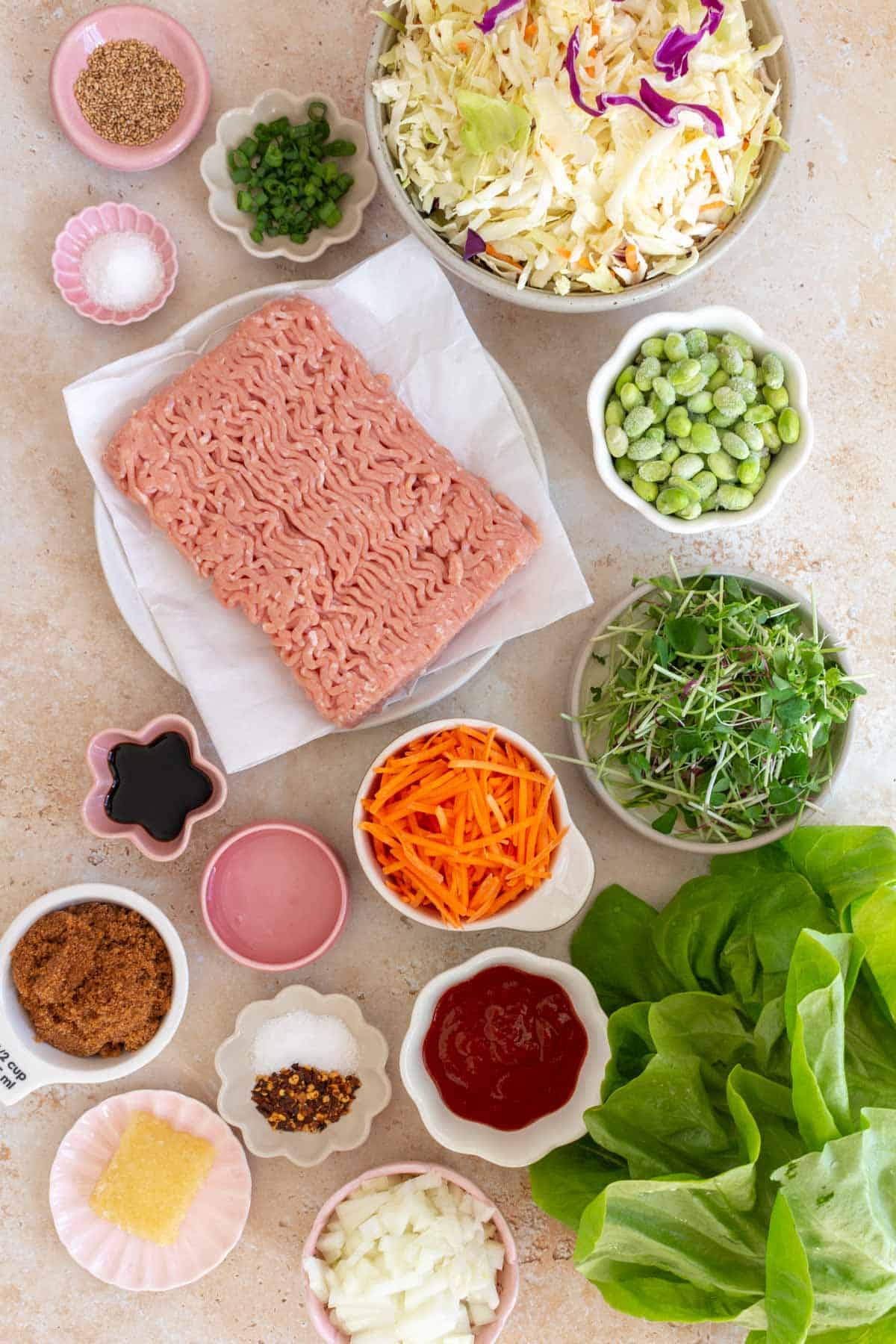 Ingredients needed to make firecracker ground chicken lettuce wraps.