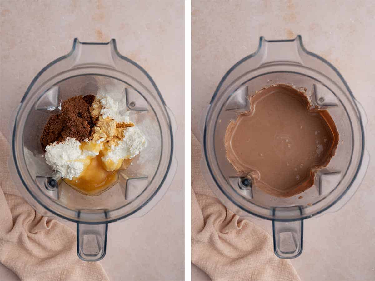 Set of two photos showing ingredients added to a blender and blended to combine.