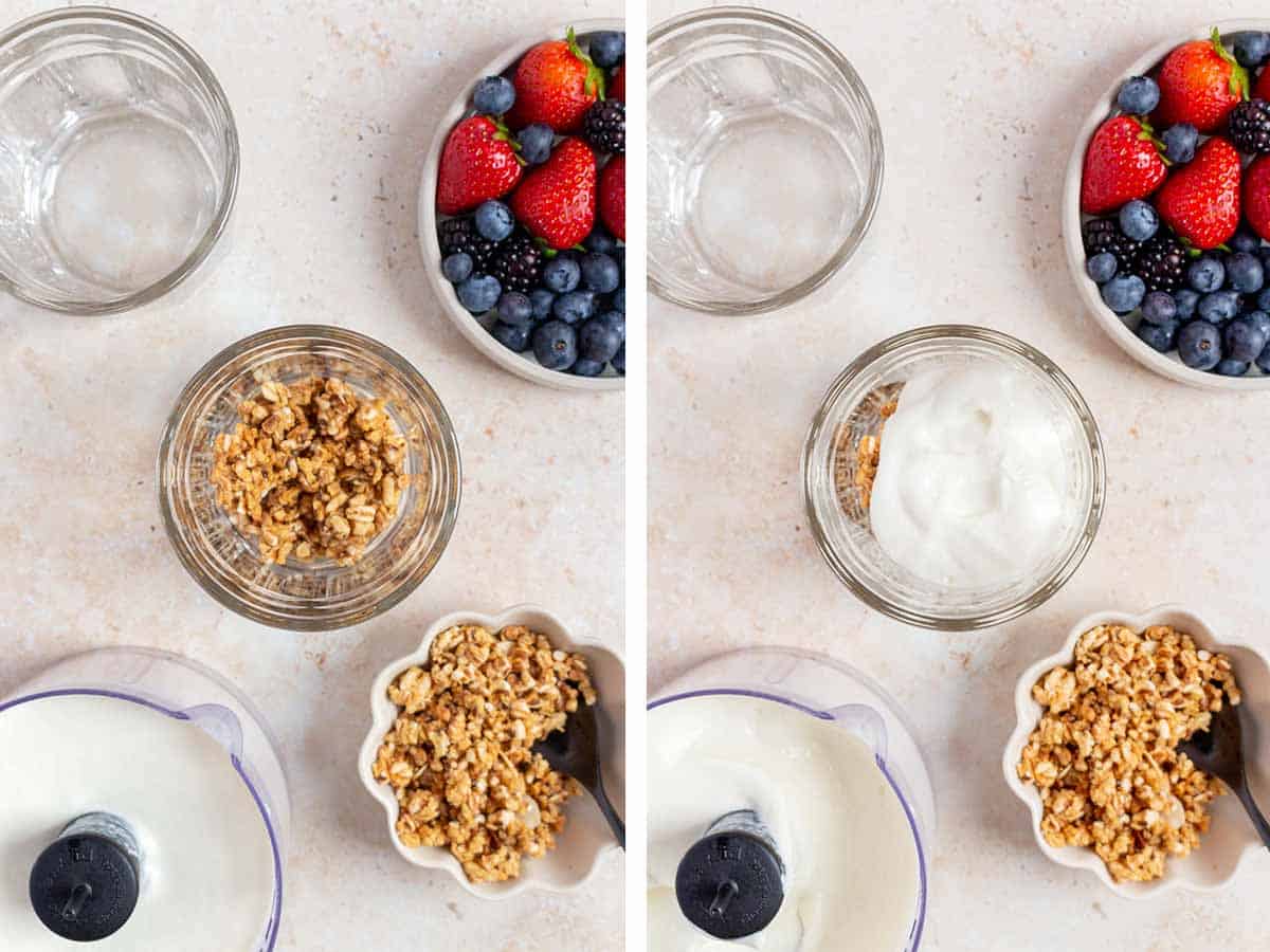 Set of two photos showing granola and blended cottage cheese into a glass.