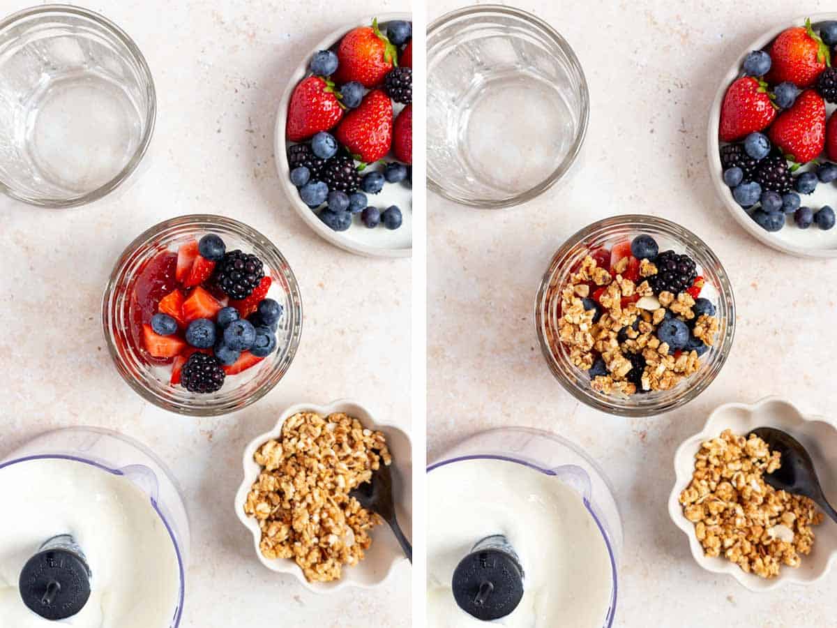 Set of two photos showing jam, berries, and granola added to the glass.