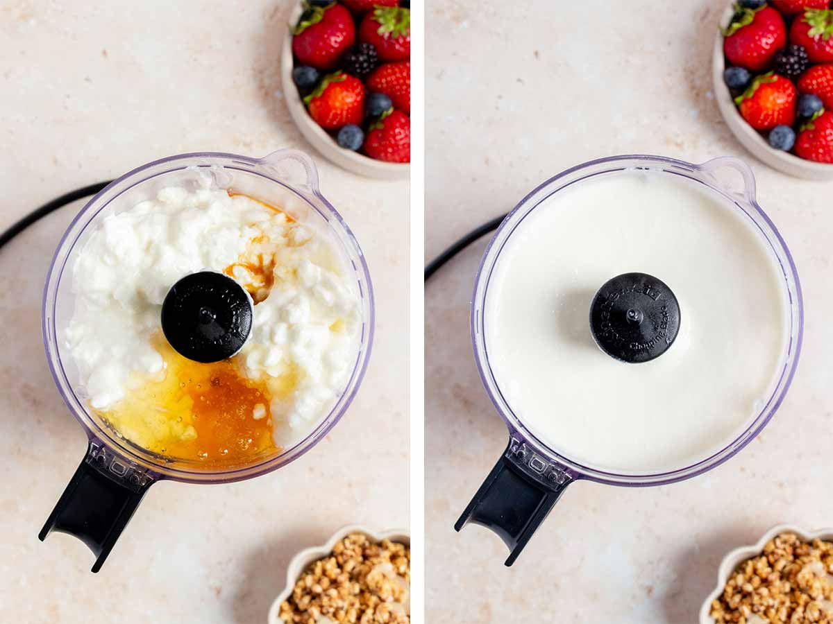 Set of two photos showing cottage cheese, honey, and vanilla extract added to a food processor.
