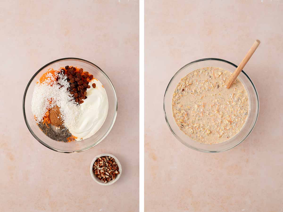 Set of two photo showing ground cinnamon, ground nutmeg, raisins, and unsweetened coconut added in a bowl and mixed.