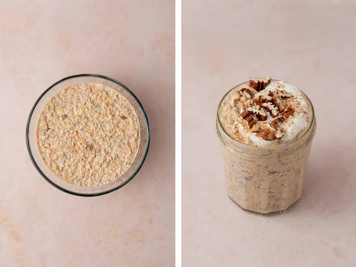 Set of two photo showing the overnight oats in a bowl after setting overnight then portioned into a jar topped with greek yogurt, chopped pecans, and a dusting of cinnamon.