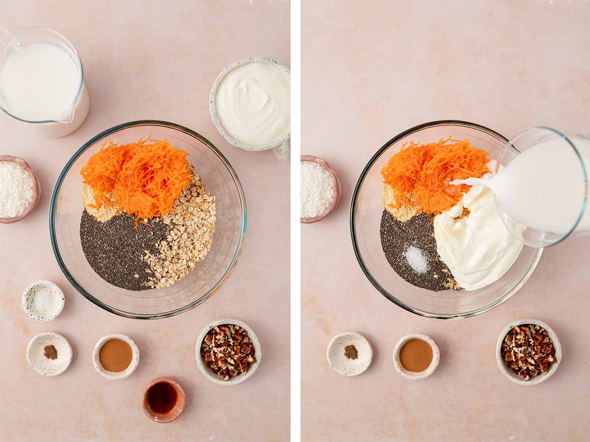 Set of two photos showing rolled oats, chia seeds, protein powder, maple syrup, carrots, greek yogurt, salt, vanilla extract, and milk added to a bowl.