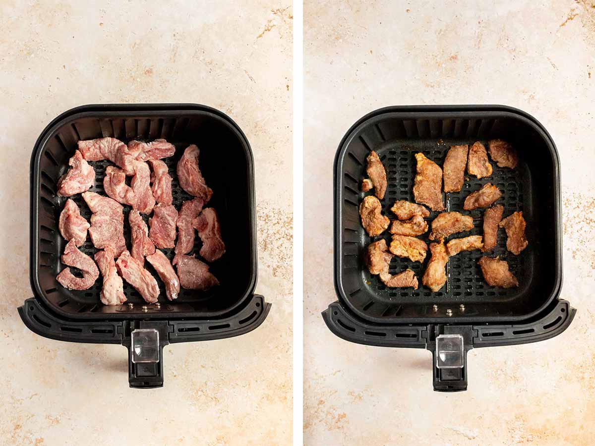 Set of two photos showing seasoned pork placed in an air fryer basket and air fried.