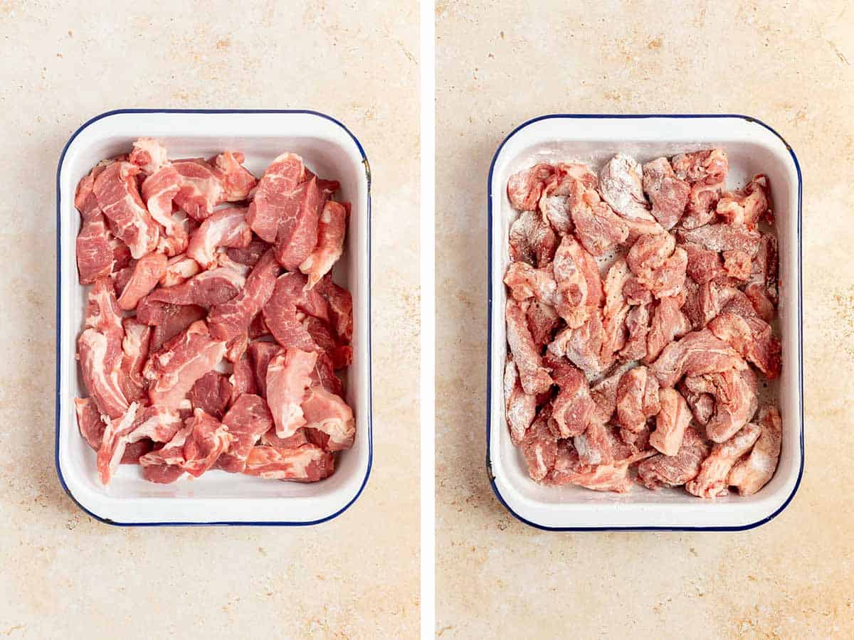 Set of two photos showing pork shoulder cut into 2 inch pieces in a dish and then seasoned with salt, pepper, and cornstarch.