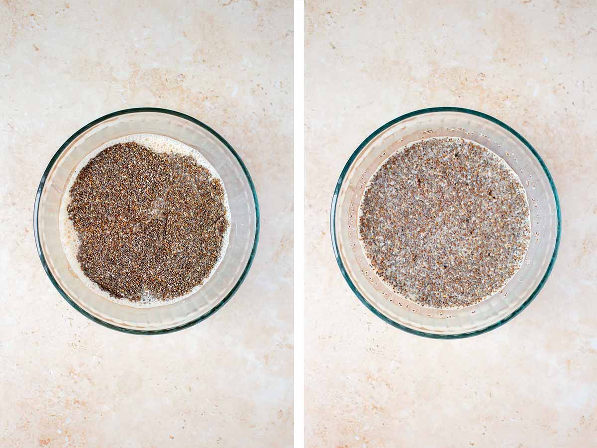 Set of two photos showing ingredients added to a bowl and mixed together.