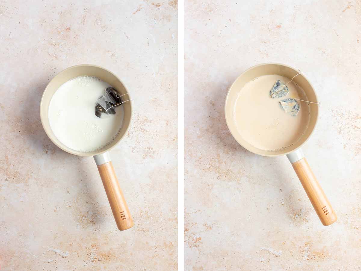 Set of two photos showing milk steeped with earl grey tea bags.