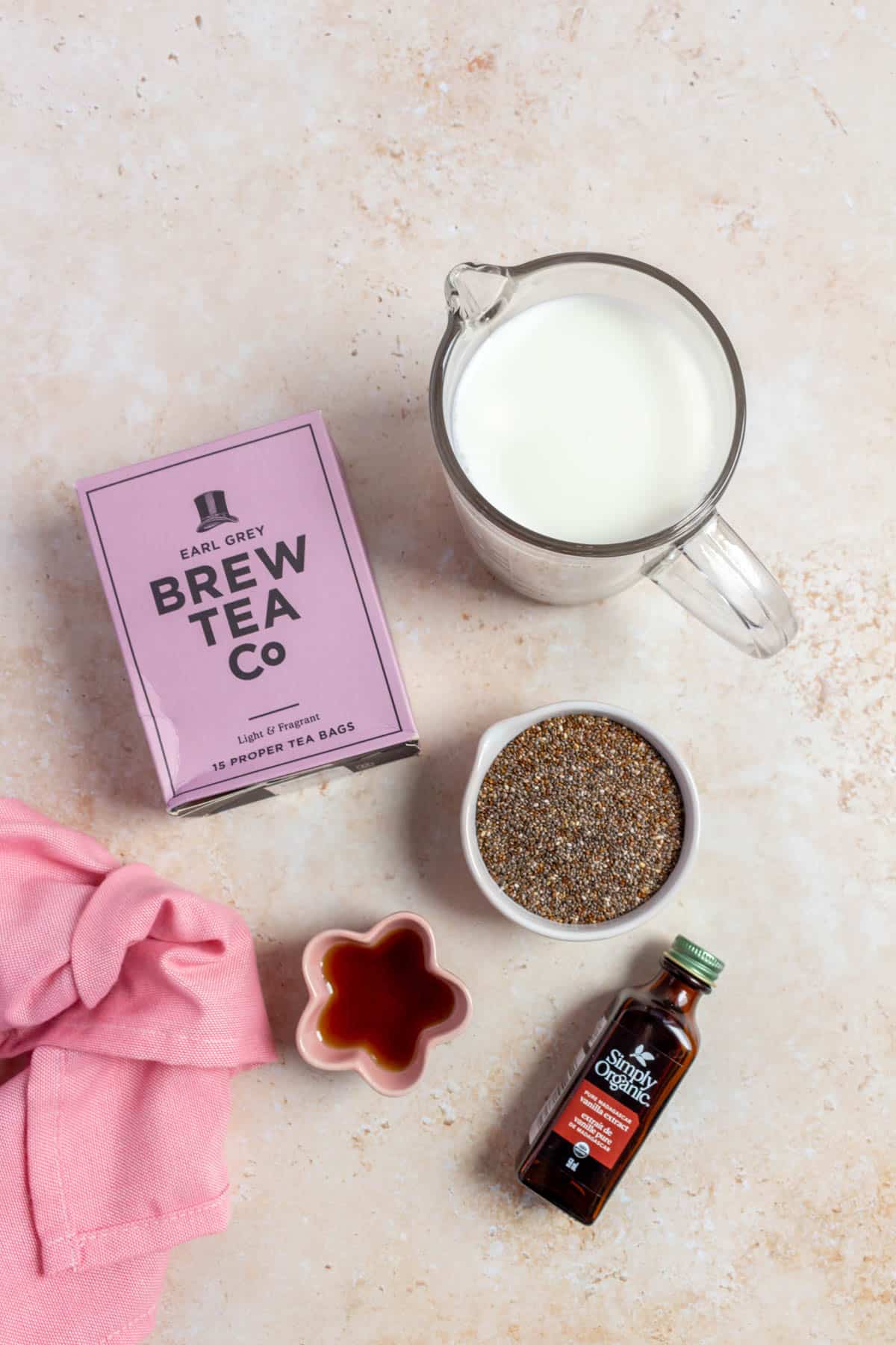 Ingredients needed to make earl grey chia pudding.