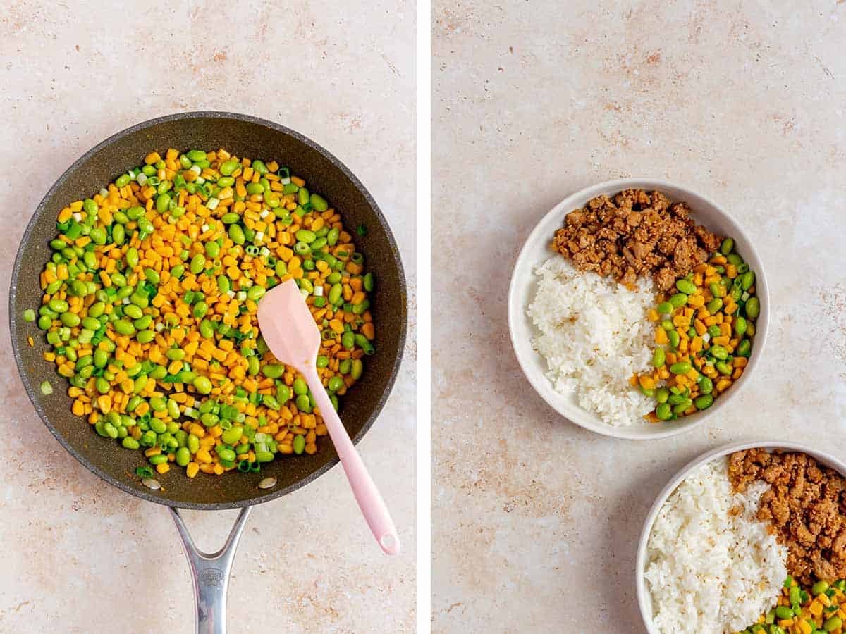 Set of two photos showing green onions added to the skillet then a plated bowl with rice, hot honey pork, and edamame with corn.
