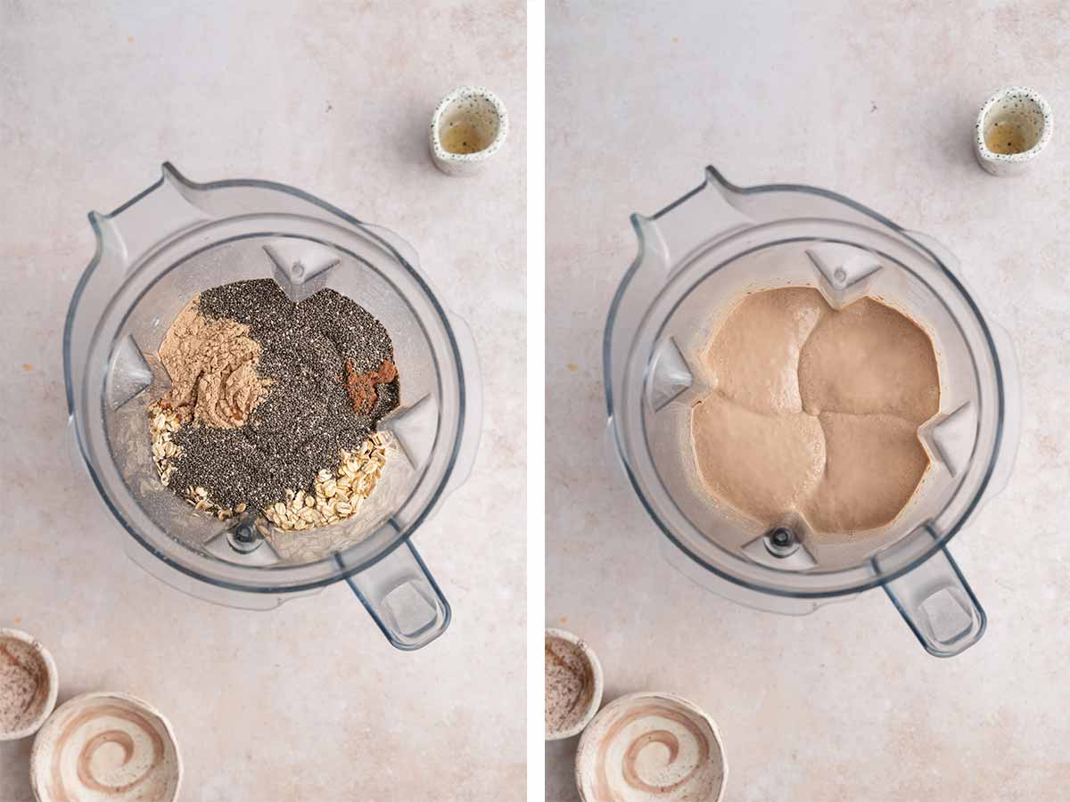 Set of two photos showing before and after ingredients added to a blender and blended.