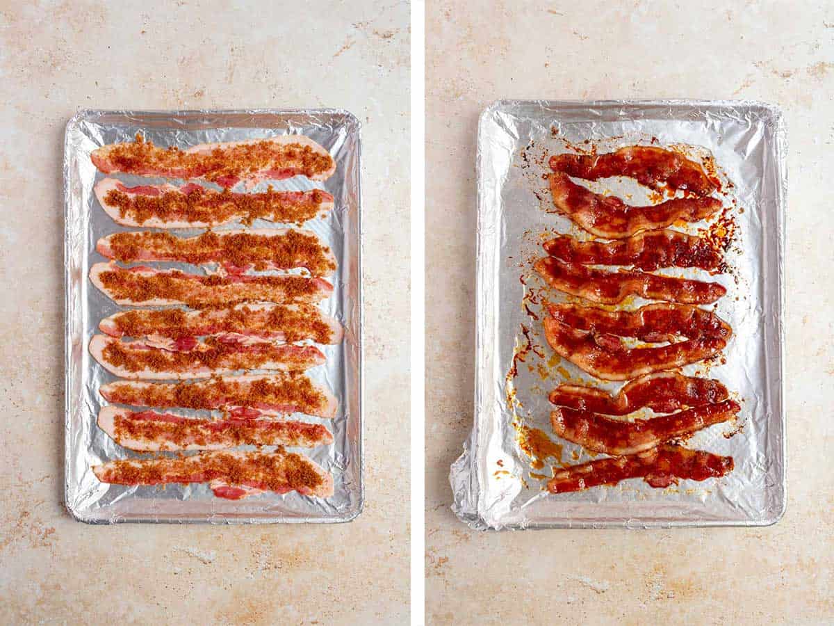 Set of two photos showing a foil lined sheet pan with strips of bacon topped with brown sugar before and after baking.