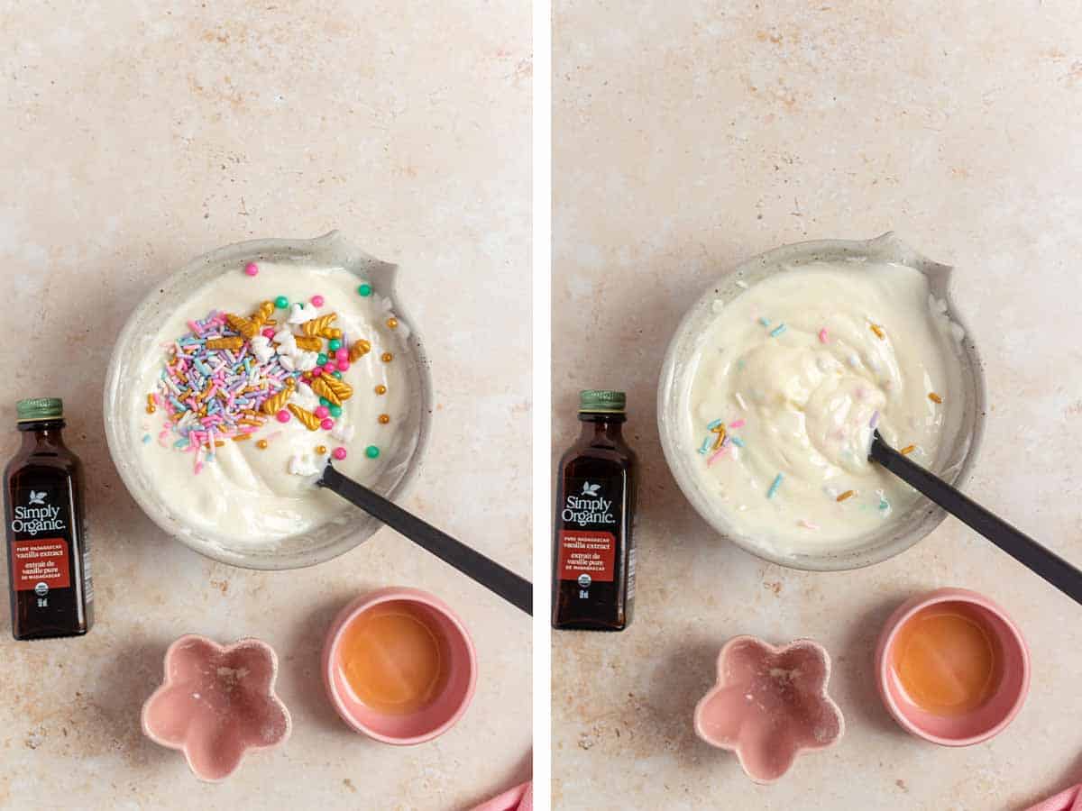 Set of two photos showing sprinkles added to the bowl of dip and mixed together.
