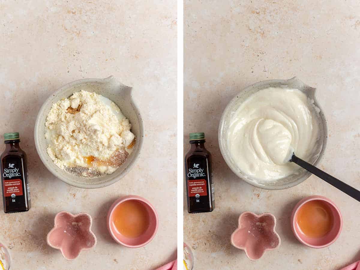Set of two photos showing all ingredients added to a bowl and mixed to combine.