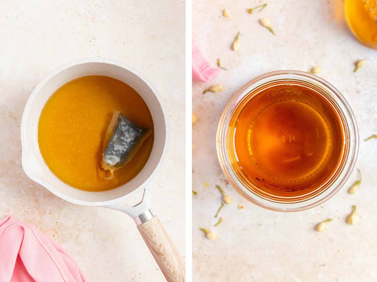 Set of two photos showing jasmine syrup simmering in a pot then added to a jar.