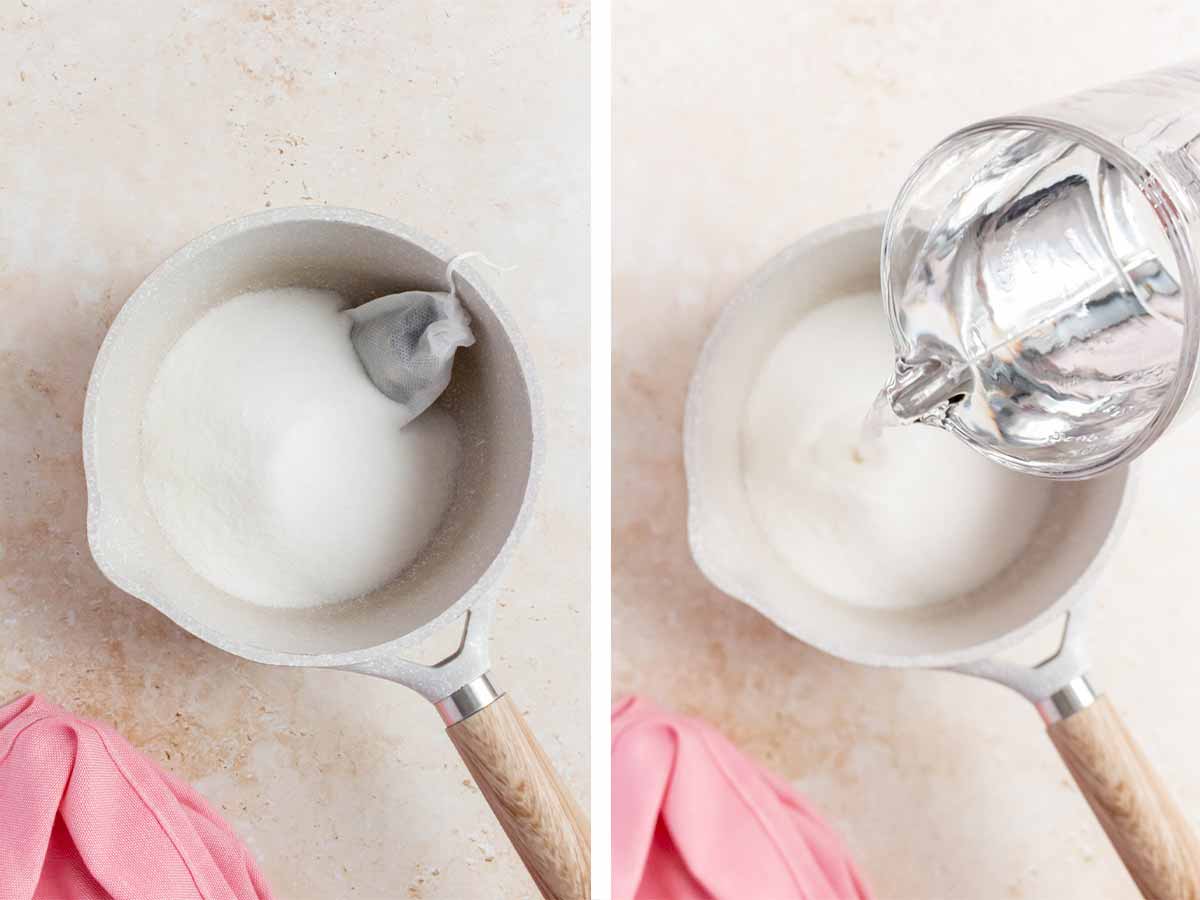 Set of two photos showing sugar, tea bag, and water added to a sauce pot.