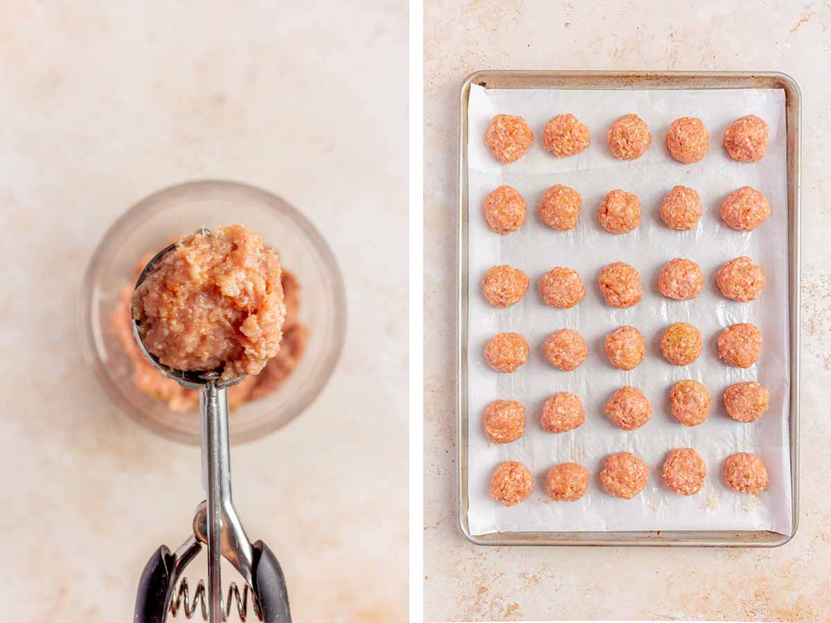 Set of two photos showing ground pork scooped with a cookie scoop and rolled into balls on a lined sheet pan.