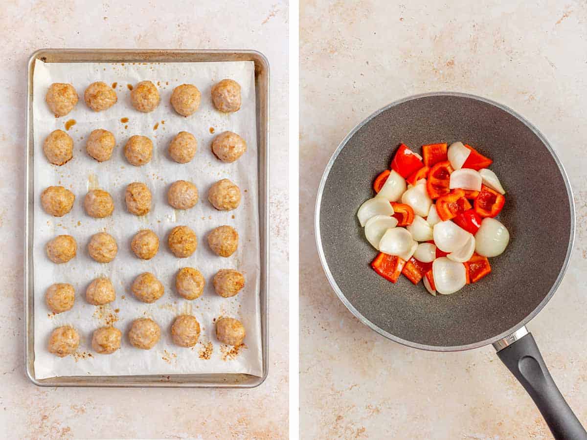 Set of two photos showing ground pork meatballs baked in the oven on a lined sheet pan and onions and red bell pepper added to a skillet.