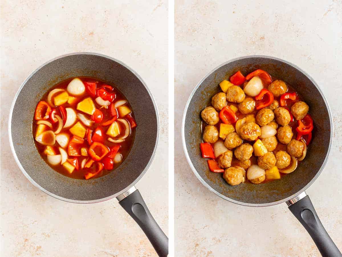 Set of two photos showing sweet and sour sauce added to the skillet, cooked down, and meatballs added.