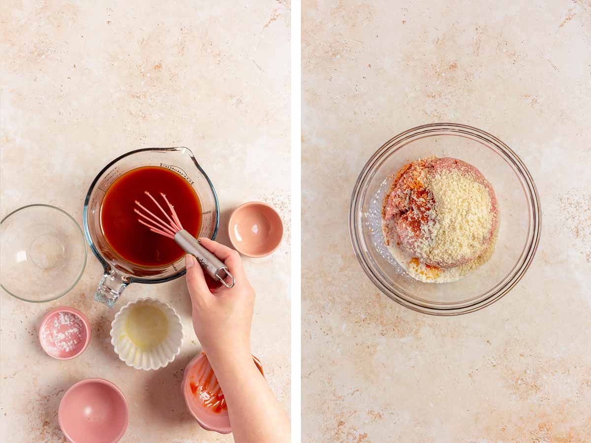 Set of two photos showing sauce whisked together and ground pork, panko, seasoning, milk, and egg added to a bowl.