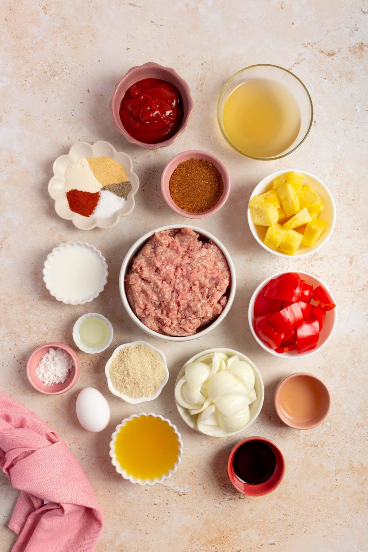 Ingredients needed to make sweet and sour meatballs.