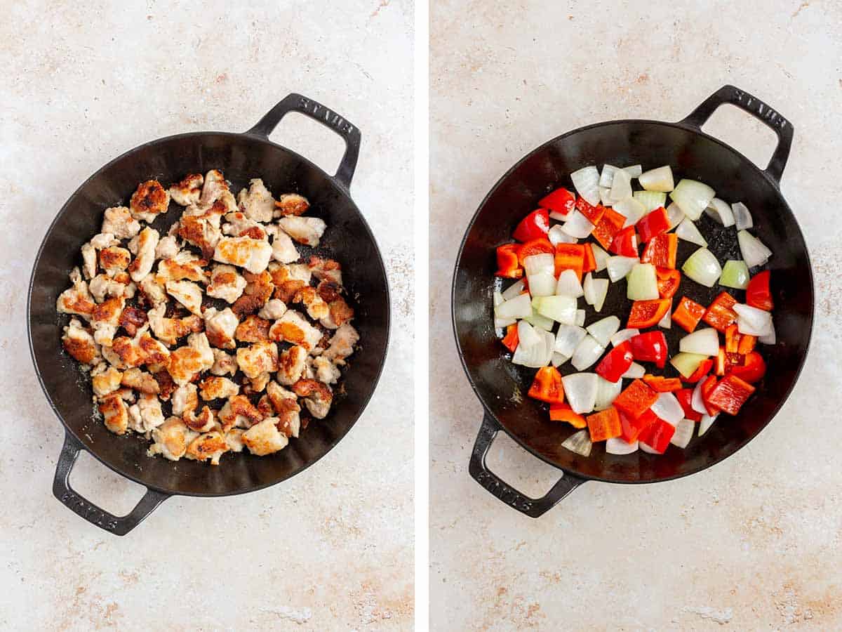 Set of two photos showing chicken pieces seared in a skillet and then onions and red peppers sauteed in a skillet.