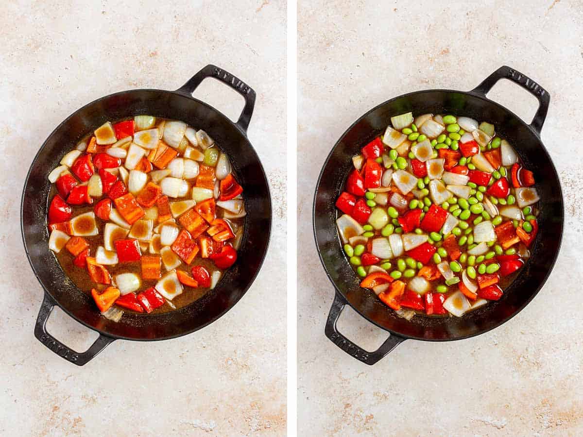 Set of two photos showing teriyaki sauce added to the skillet and edamame added.