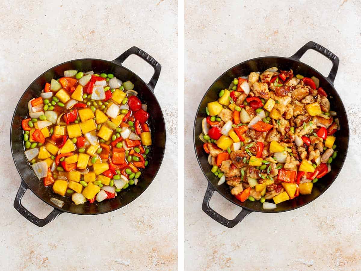 Set of two photos showing pineapple pieces and the cooked chicken added to the skillet.