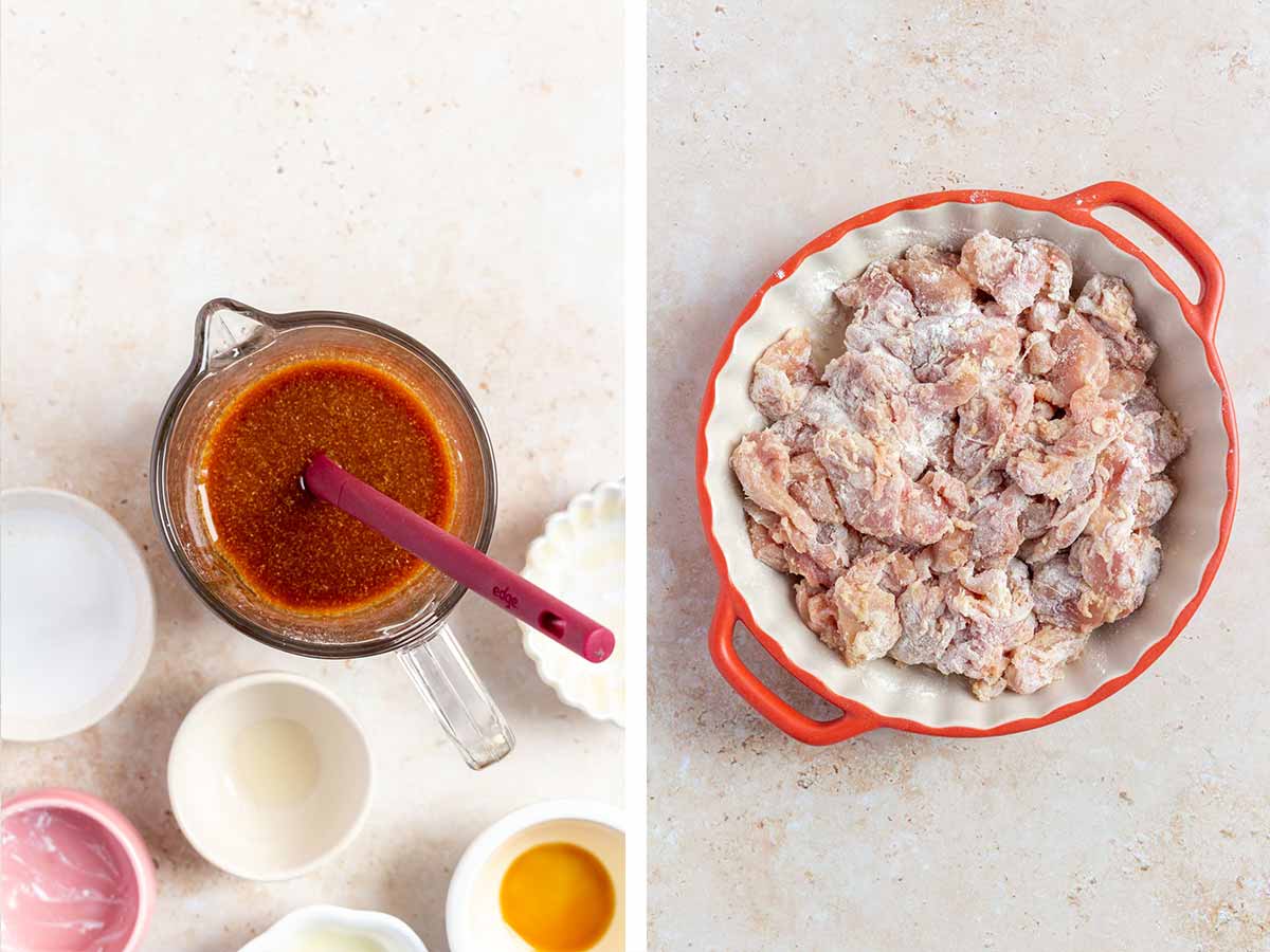 Set of two photos showing teriyaki sauce mixed in a measuring cup and pieces of chicken coated in flour.