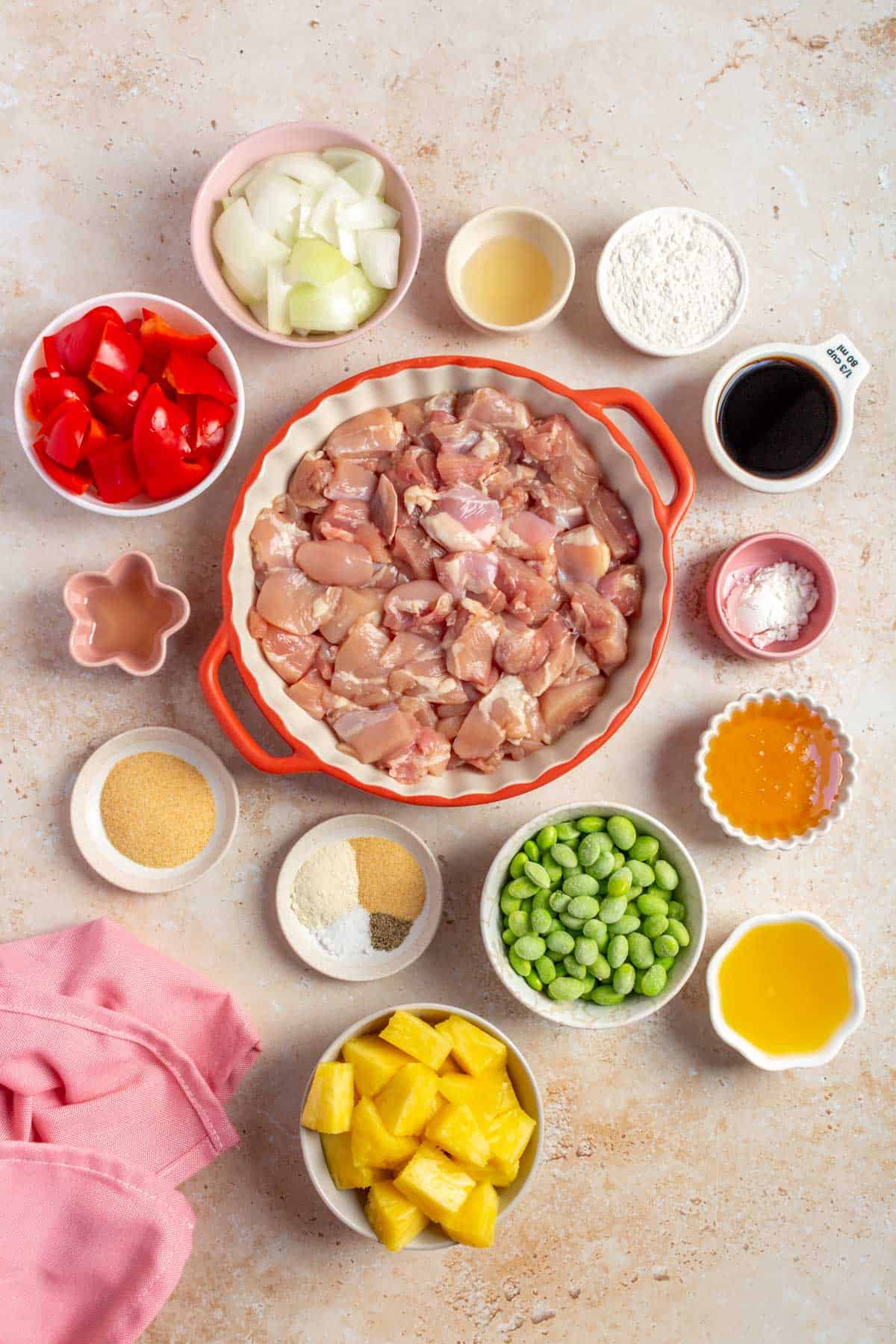 Ingredients needed to make teriyaki pineapple chicken bowl.