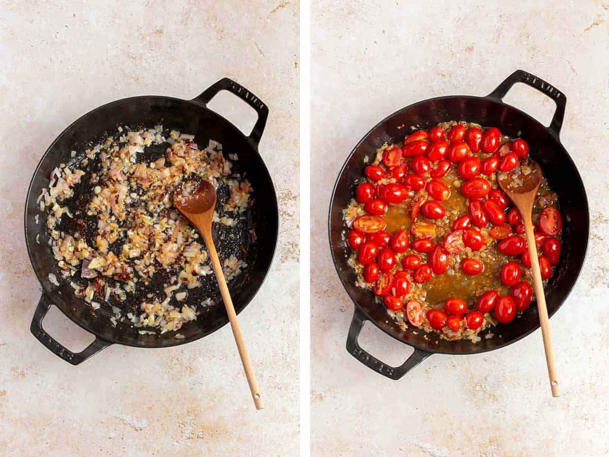 Set of two photos showing shallots and garlic cooked in the skillet and then grape tomatoes and broth added to the skillet.