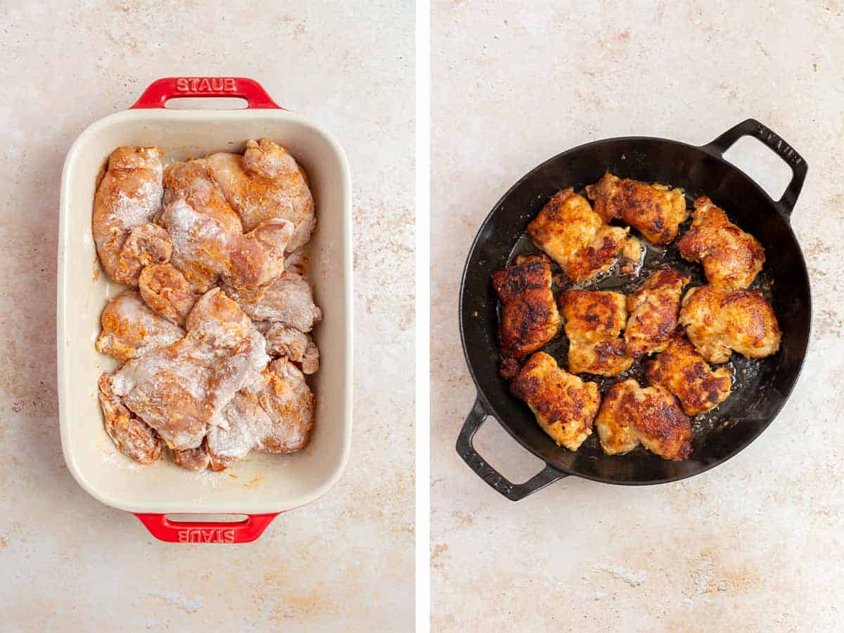 Set of two photos showing chicken thighs seasoned and coated in flour and then seared in a skillet.