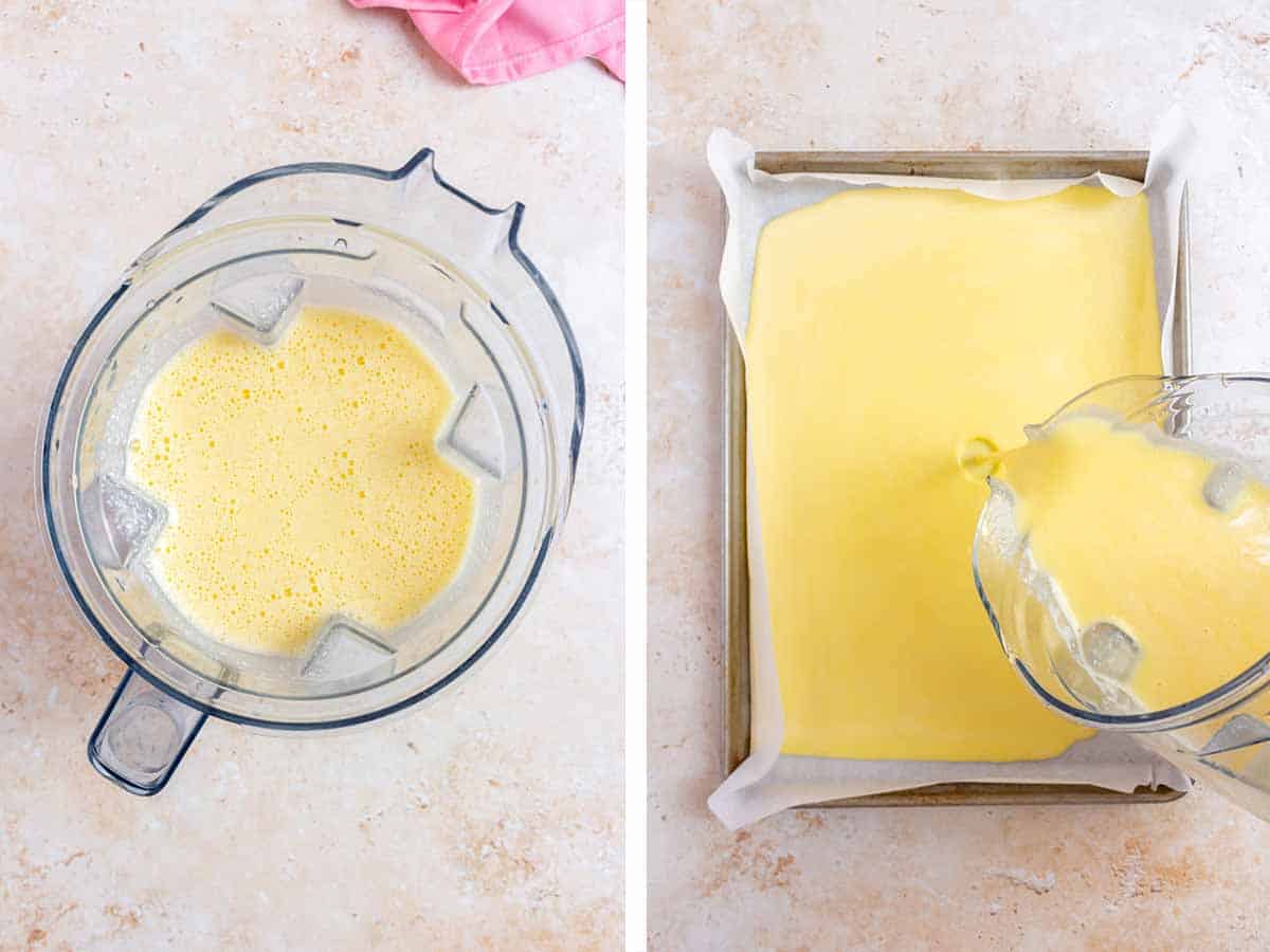 Set of two photos showing egg mixture blended and poured onto a parchment lined sheet pan.