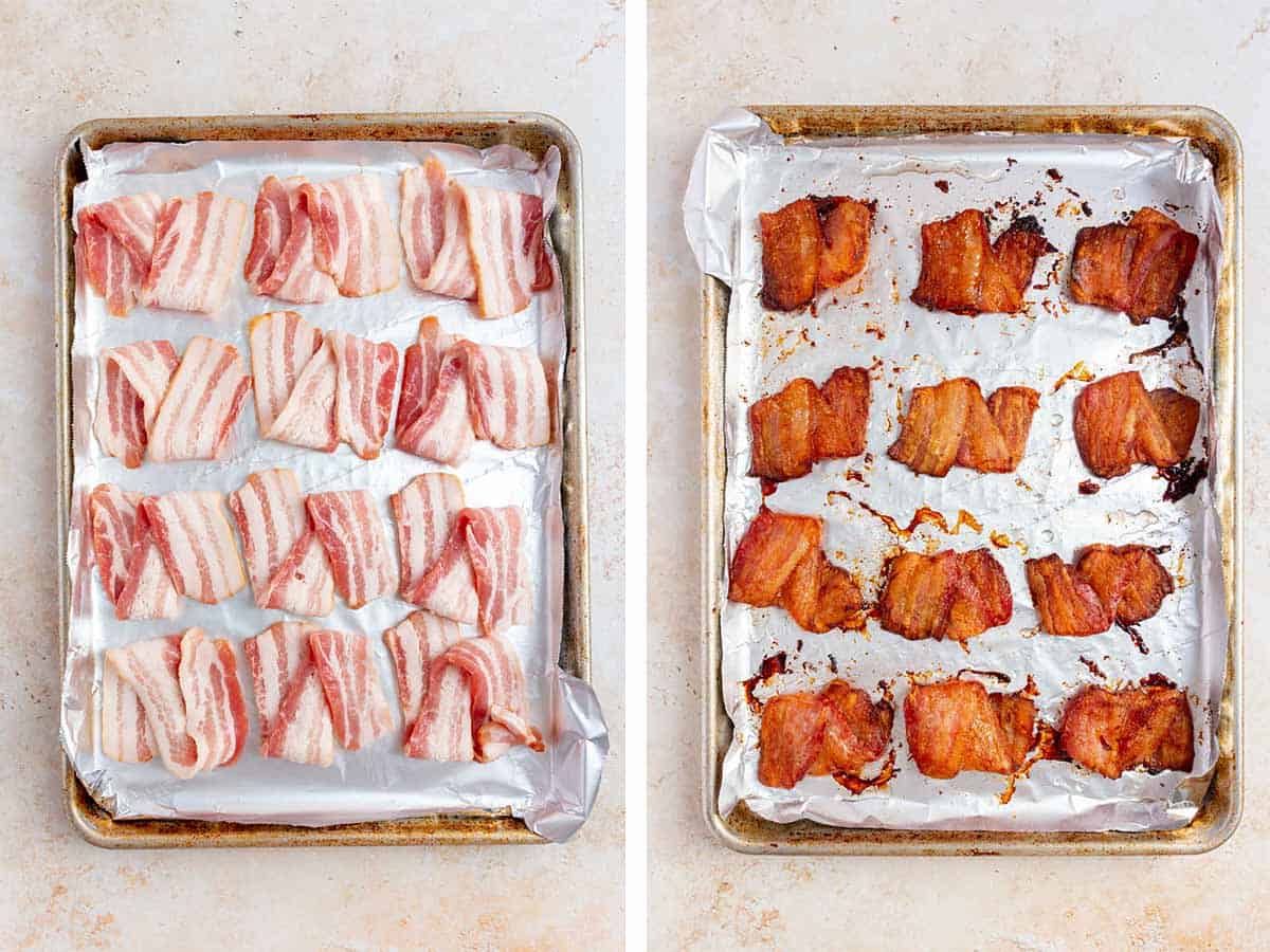 Set of two photos showing before and after folded bacon baked on a sheet pan.
