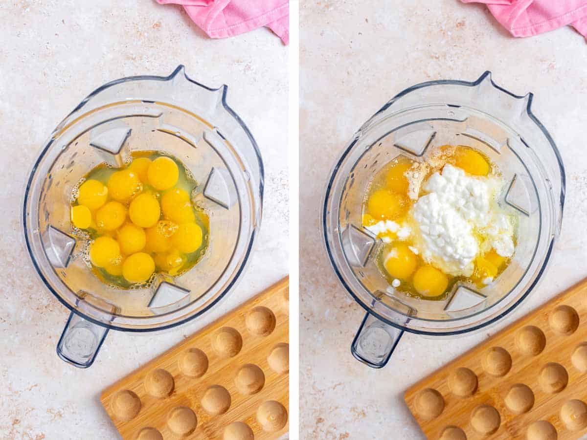 Set of two photos showing eggs, seasoning, and cottage cheese added to a blender.