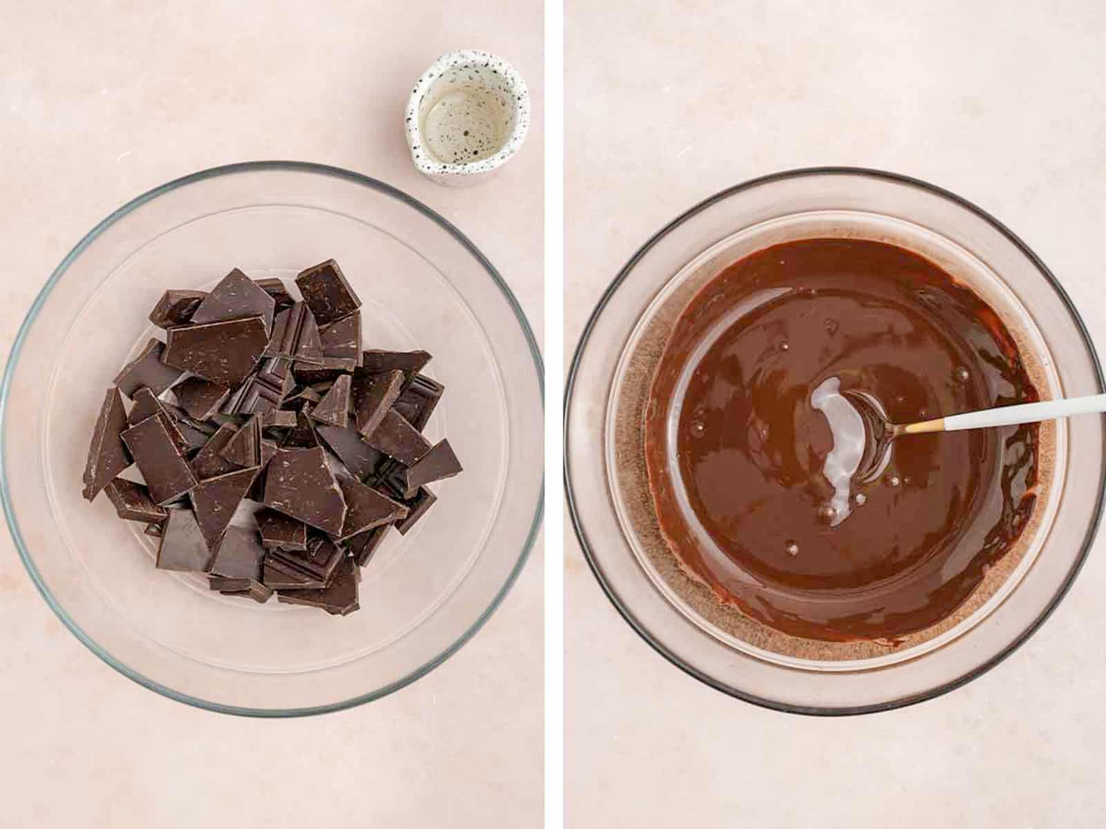 Set of two photos showing dark chocolate in a bowl then melted with coconut oil.