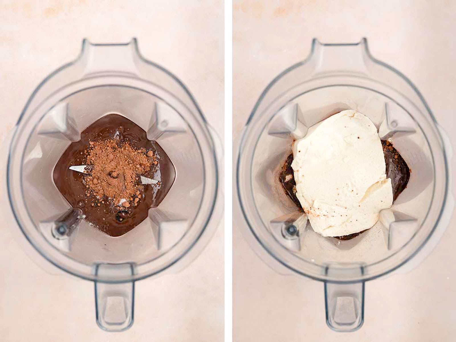 Set of two photos showing melted chocolate, cocoa powder, and tofu added to a blender.