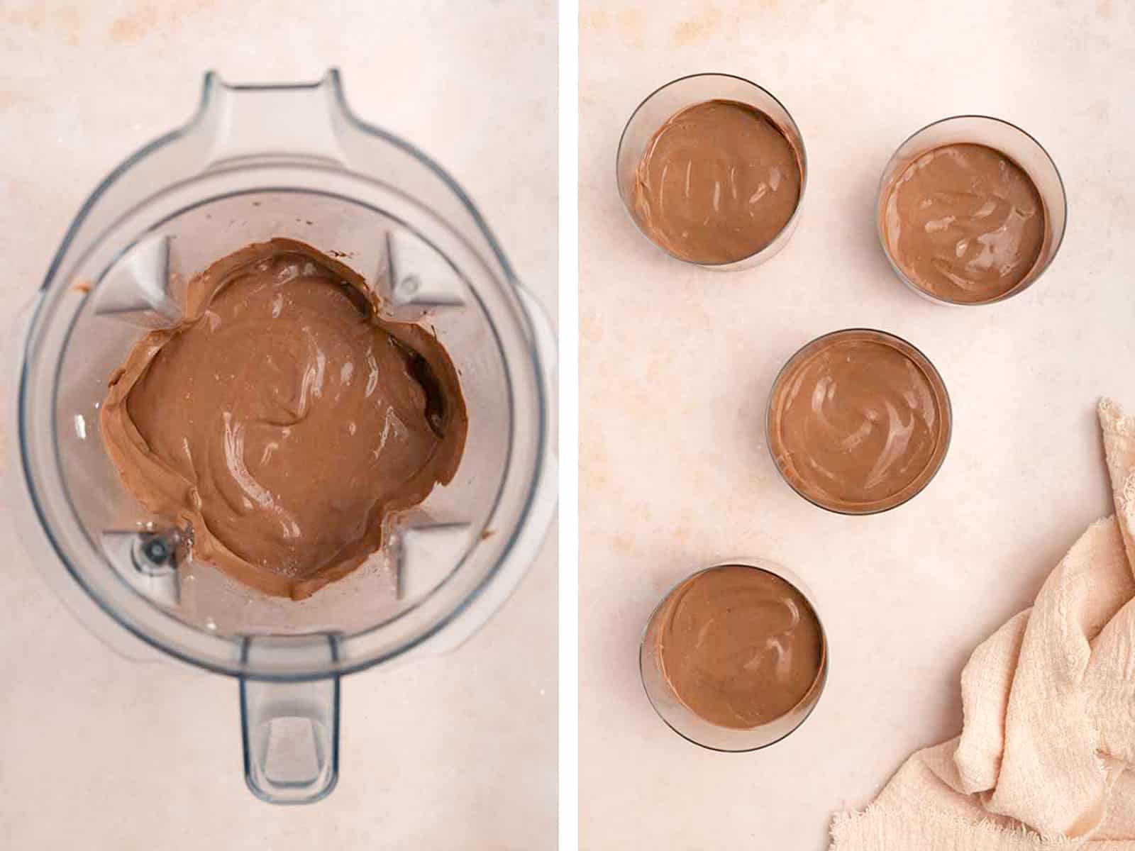 Set of two photos showing tofu pudding blended smooth in a blender then poured into jars to chill.