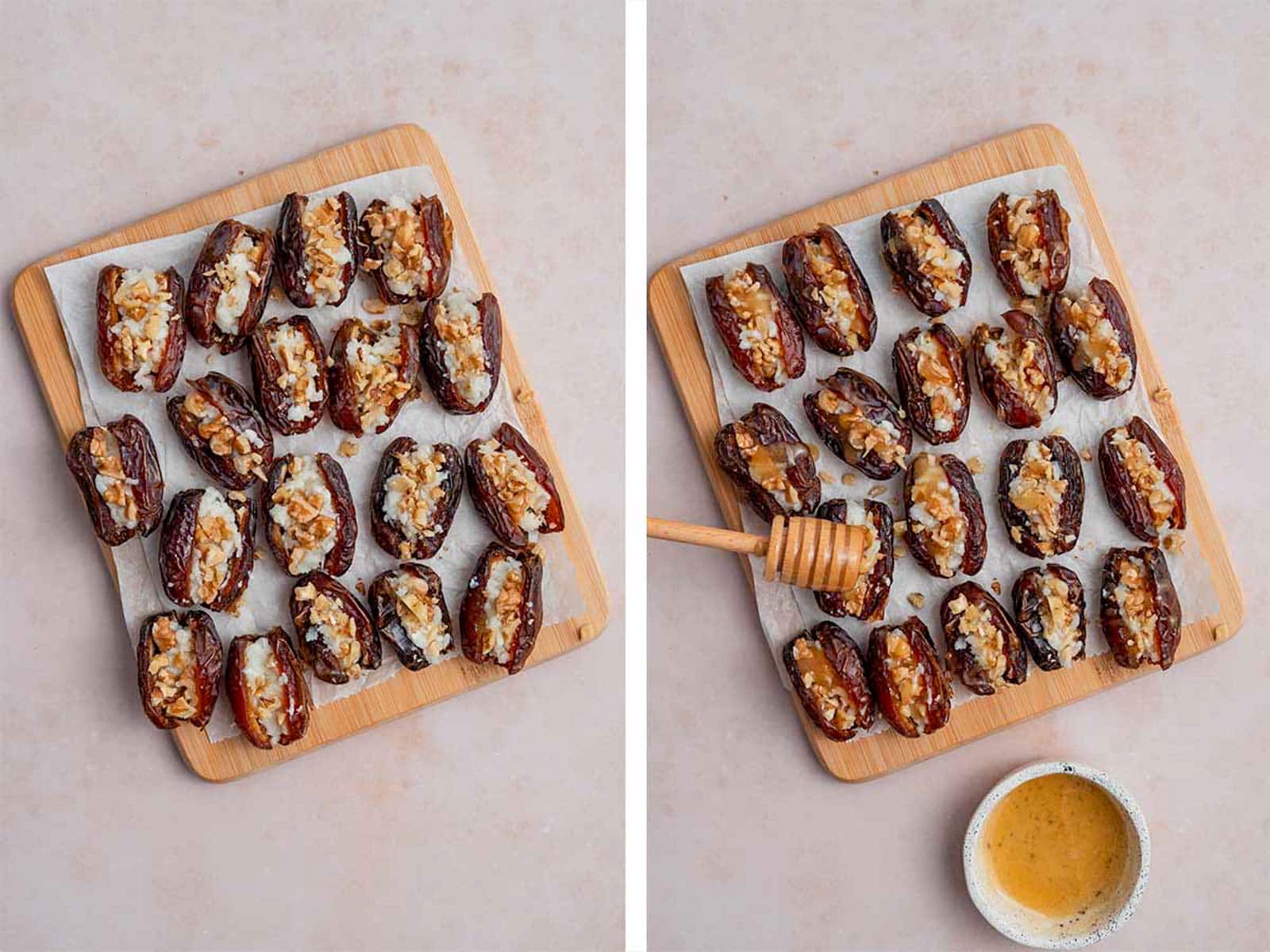 Set of two photos showing chopped walnuts and honey added to the dates.