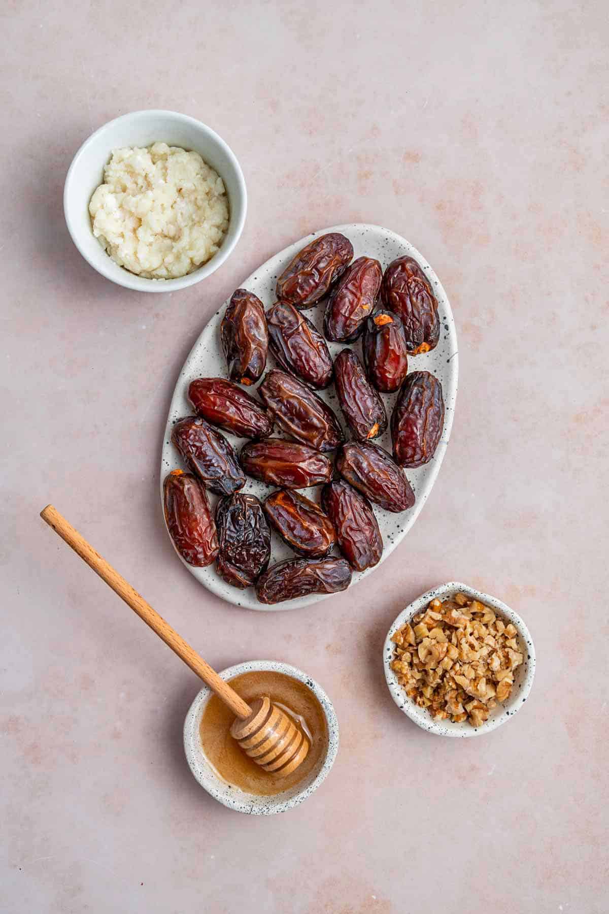 Ingredients needed to make goat cheese stuffed dates.