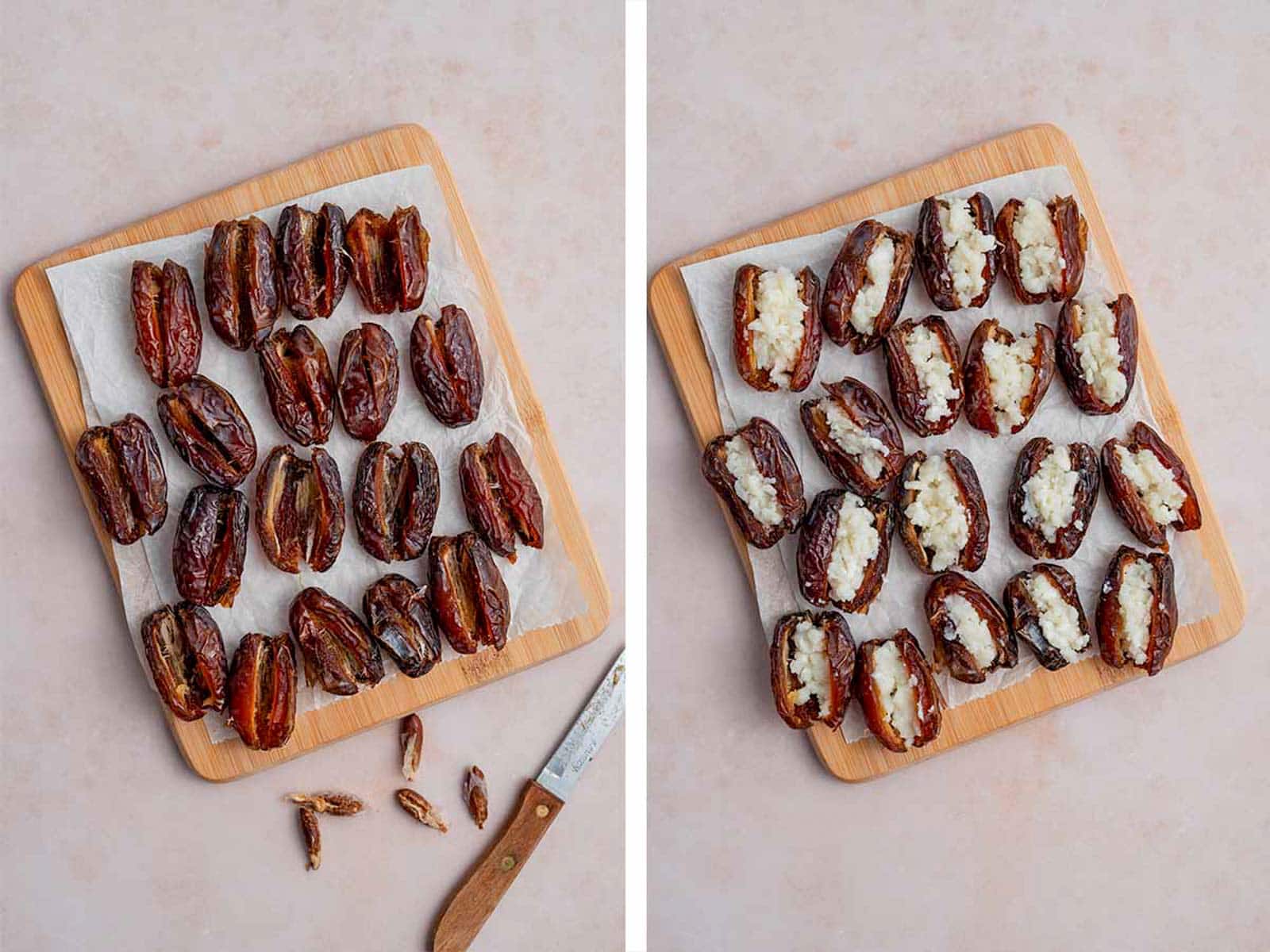 Set of two photos showing dates cut and seeds removed and goat cheese spread inside.