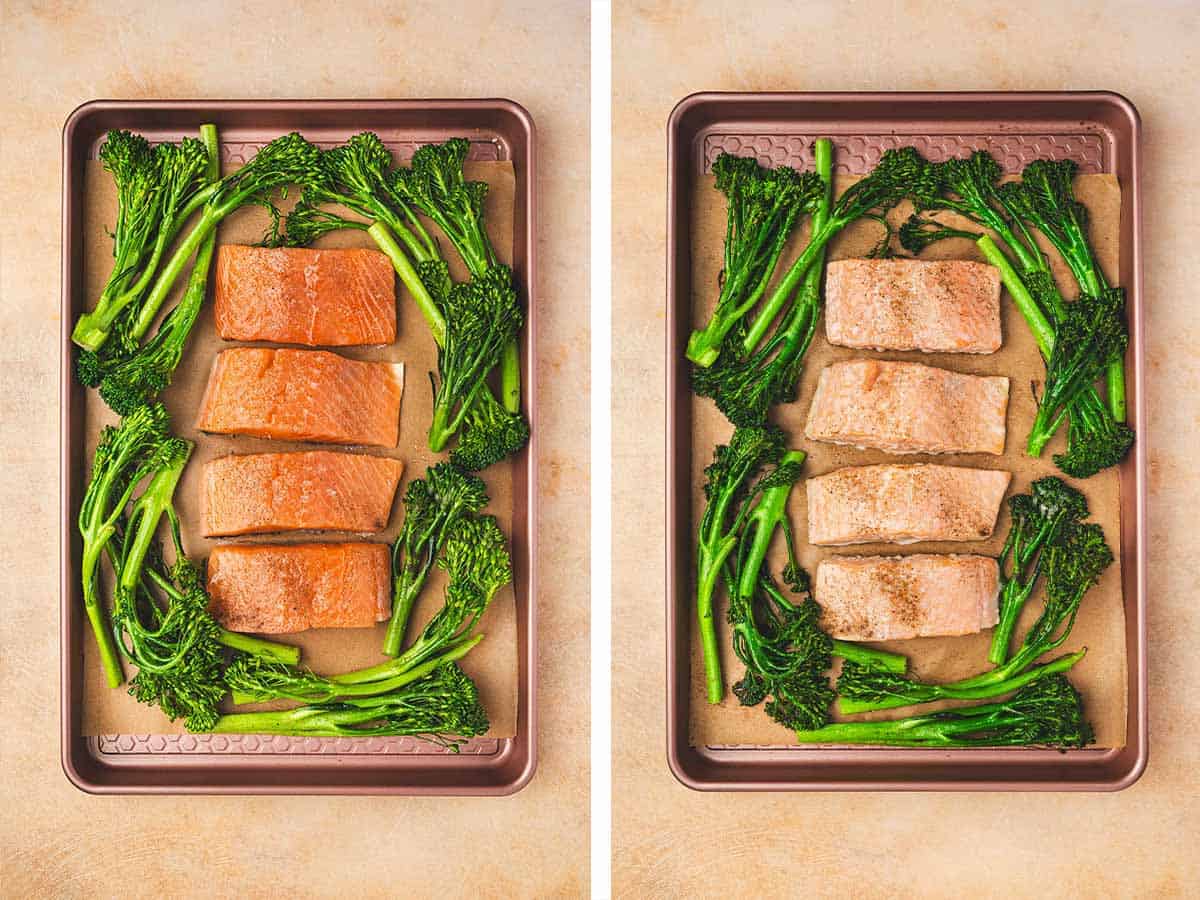 Set of two photos showing salmon fillets added to the sheet pan and baked.