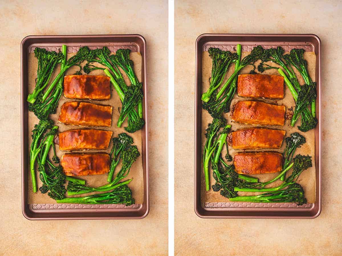 Set of two photos showing gochujang sauce added to the salmon and broiled.