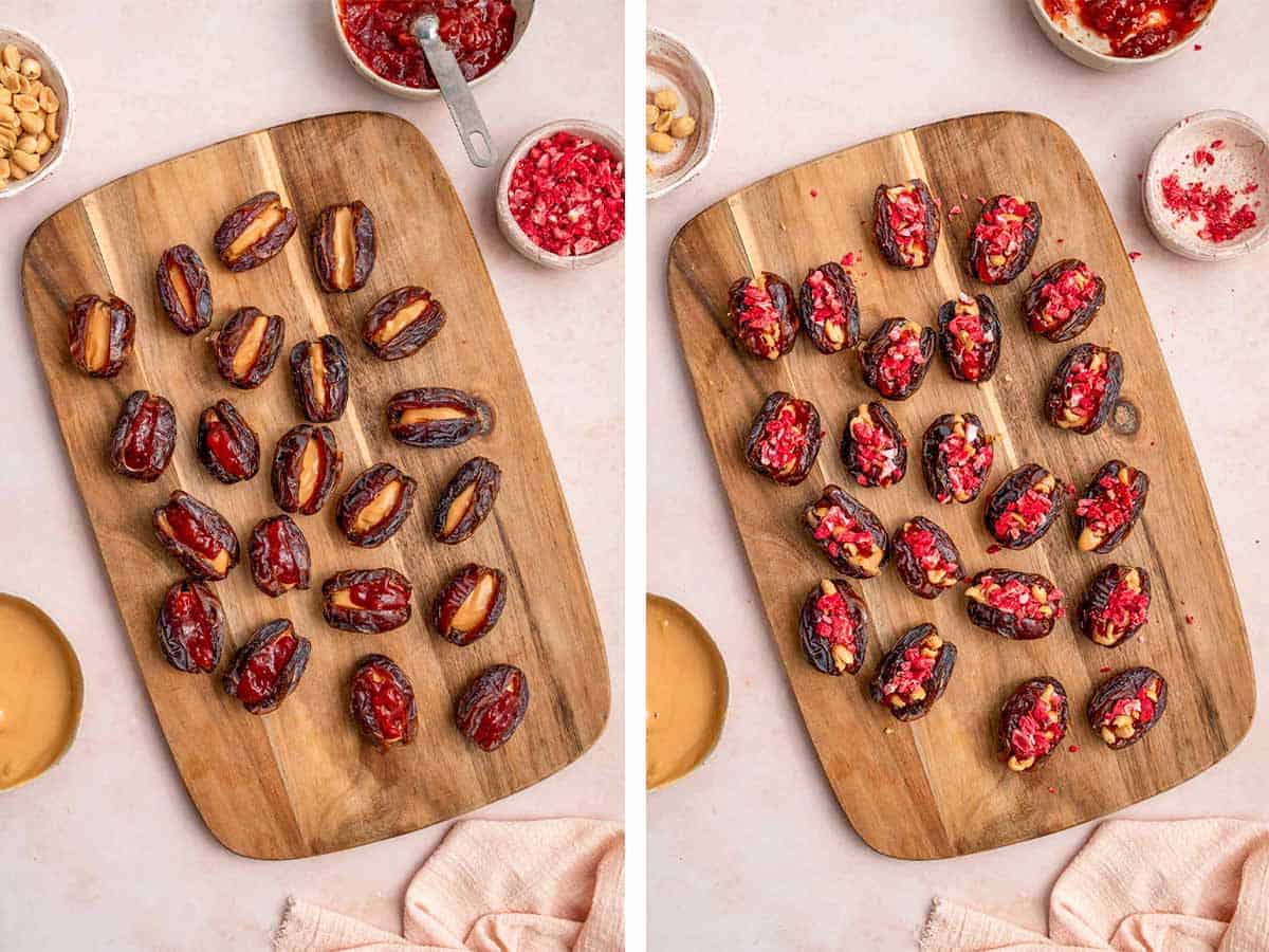 Set of two photos showing jelly added to the peanut stuffed dates and then topped with chopped peanuts and freeze-dried strawberries.