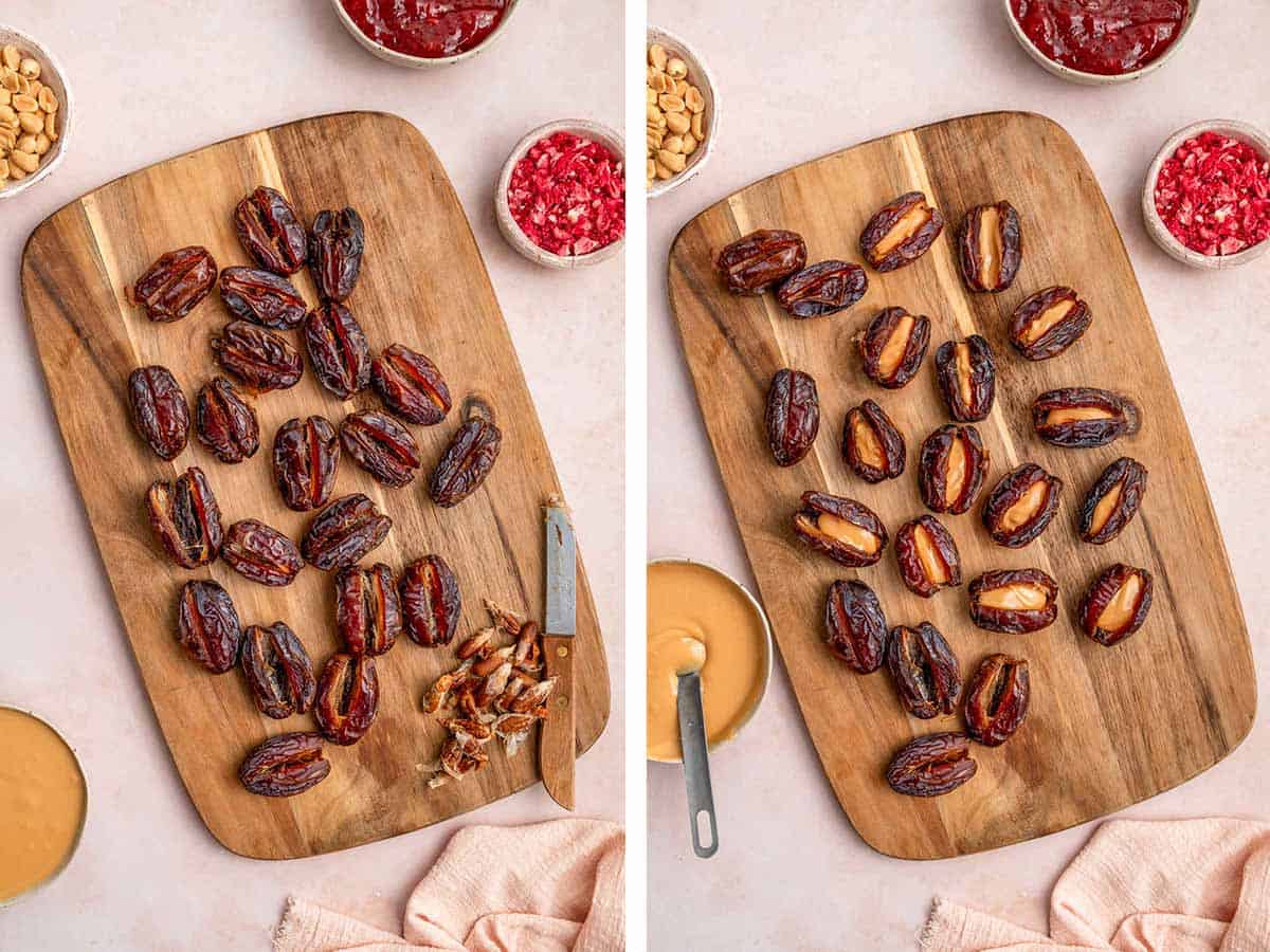 Set of two photos showing dates cut and pitted then peanut butter added to the dates.