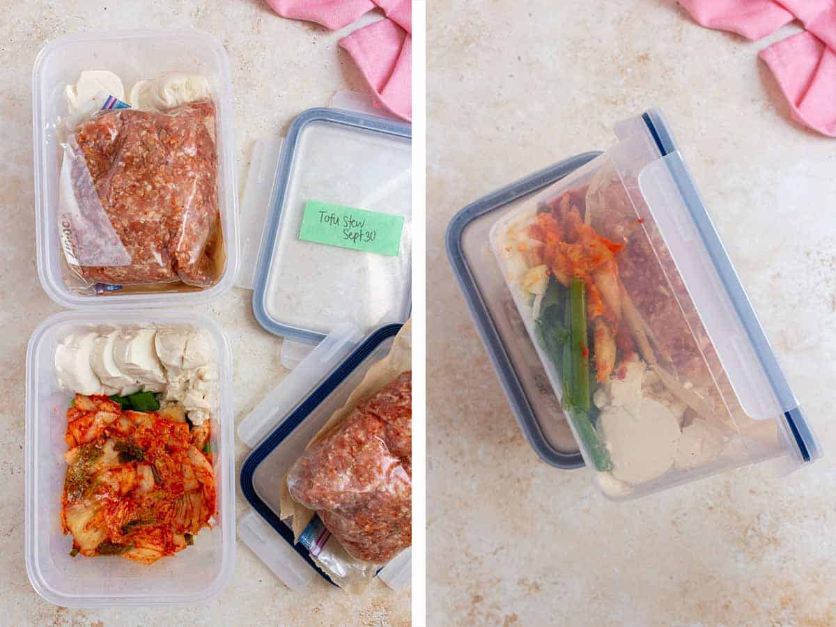 Set of two photos showing tofu stew prepped for the freezer.