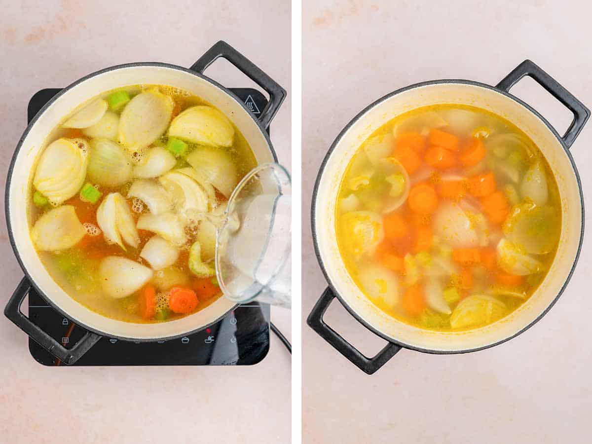 Set of two photos showing water added to the pot and simmered.