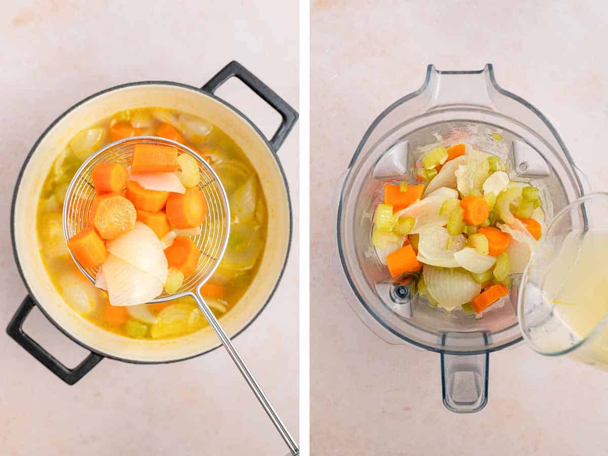Set of two photos showing vegetables scooped out of the pot and added to a blender with some liquid.