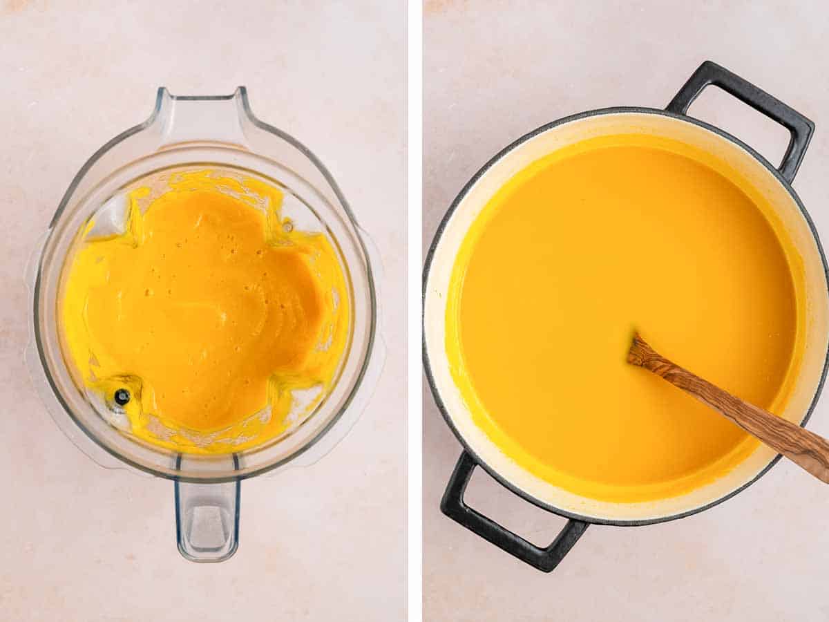 Set of two photos showing veggies blended in a blender and added back to the pot of broth.