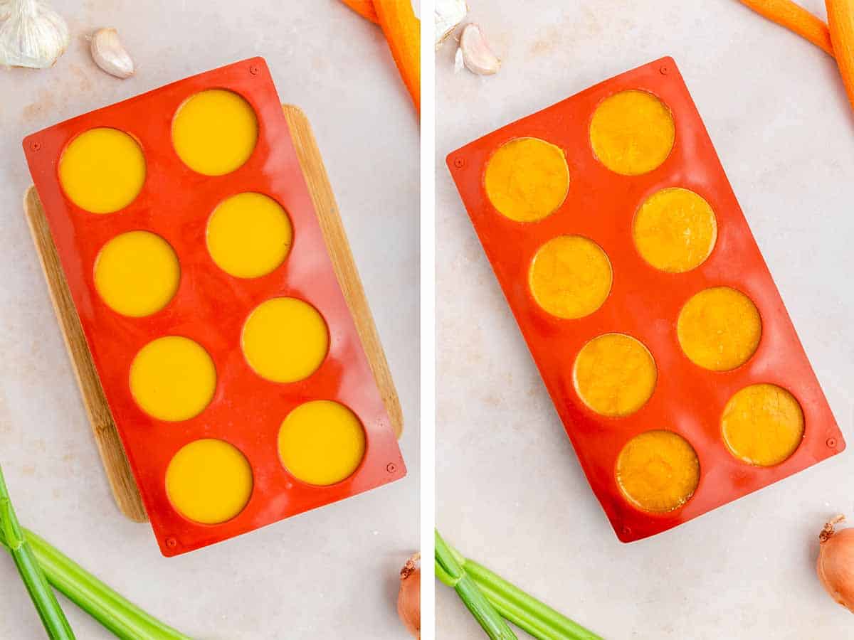 Set of two photos showing veggie packed broth added to a silicone tray before and after freezing.